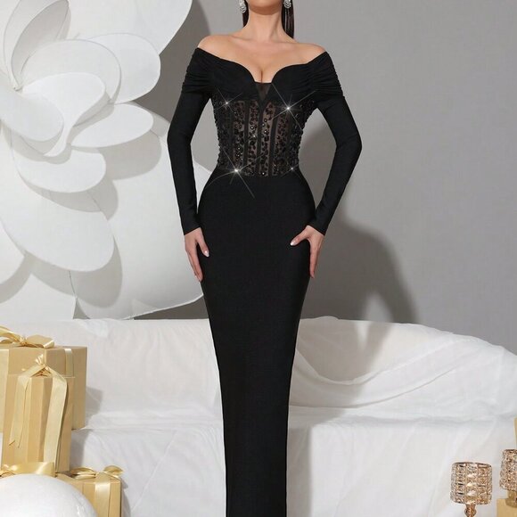 Black Elegant Women's Rhinestone Backless V-Neck Bodycon Dress - Picture 1 of 11